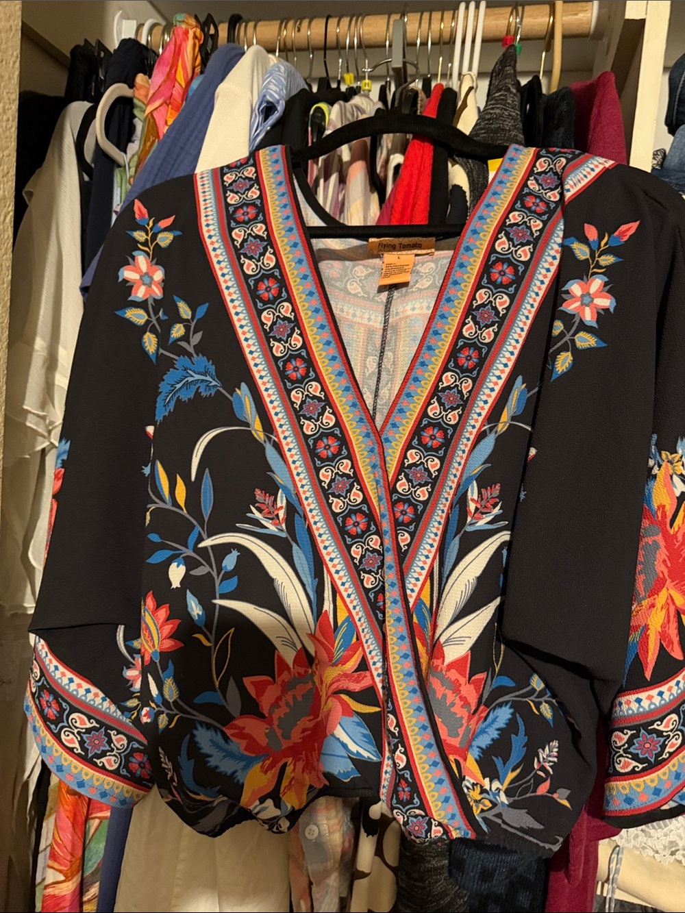 Flying Tomato Black Floral Border-Print V-Neck Blouse